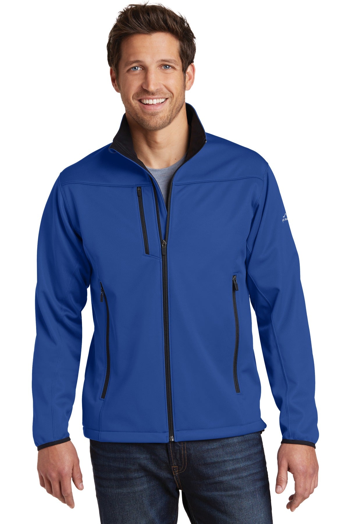 Front View of Cobalt Blue Eddie Bauer Weather-Resist Soft Shell Jacket. EB538 plain