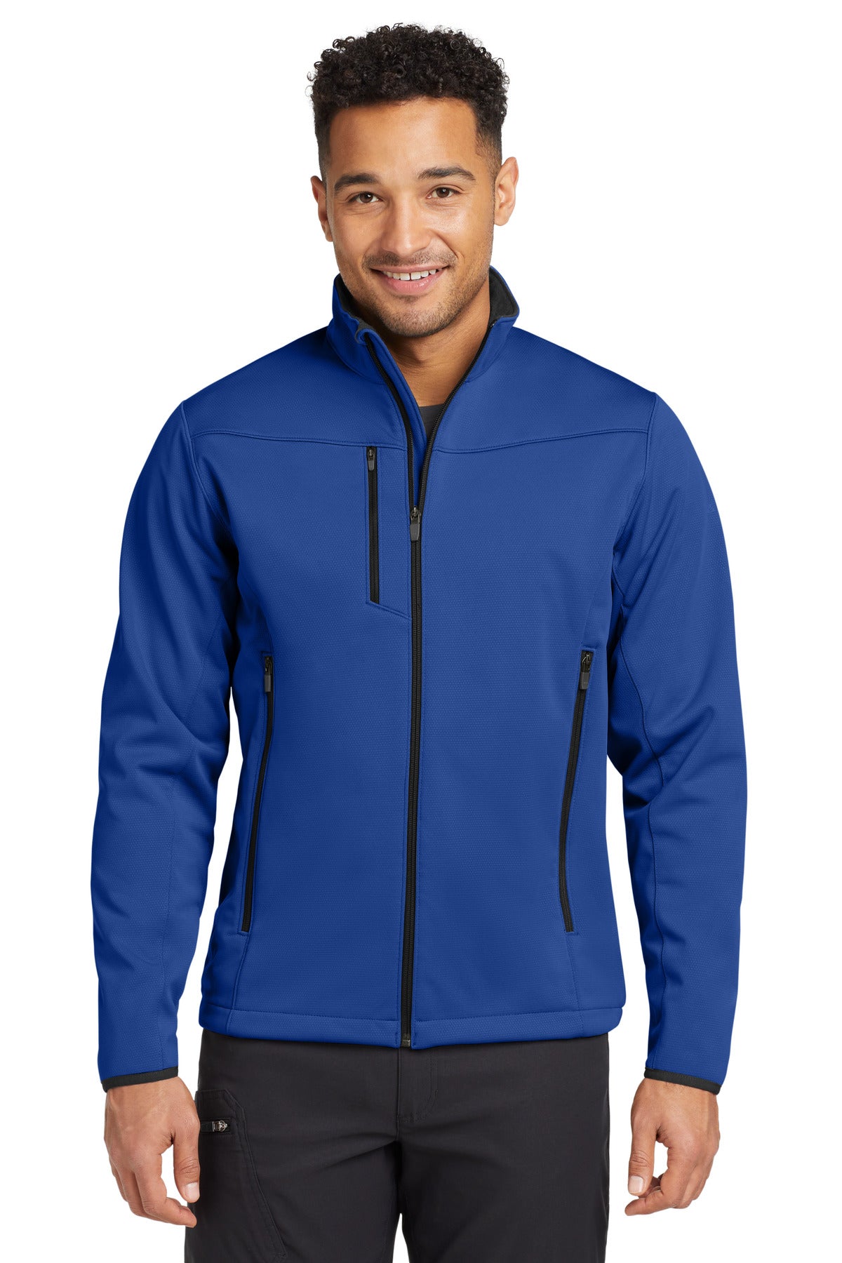 Front View of Cobalt Blue Eddie Bauer Weather-Resist Soft Shell Jacket. EB538 plain