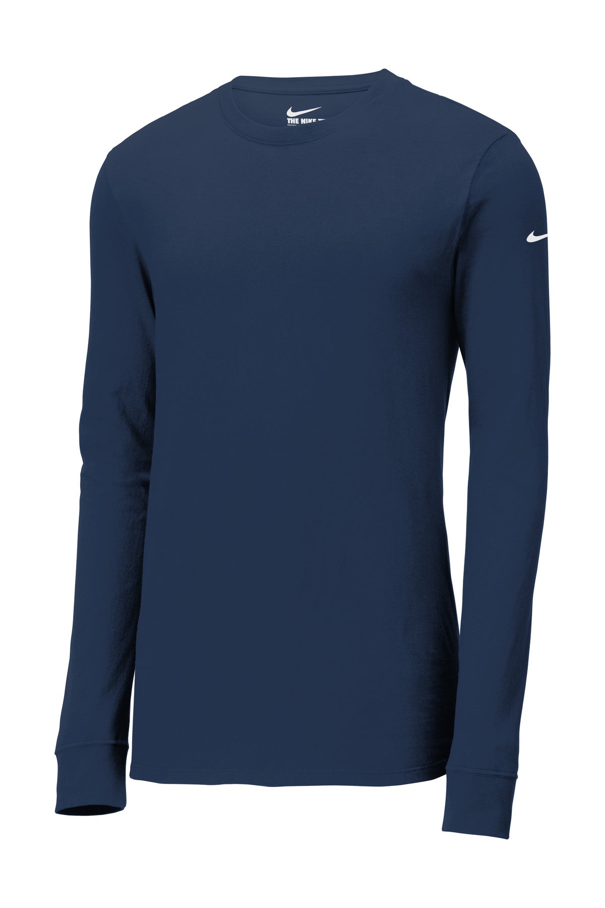 Front View of College Navy Nike Dri-FIT Cotton/Poly Long Sleeve Tee. NKBQ5230 plain