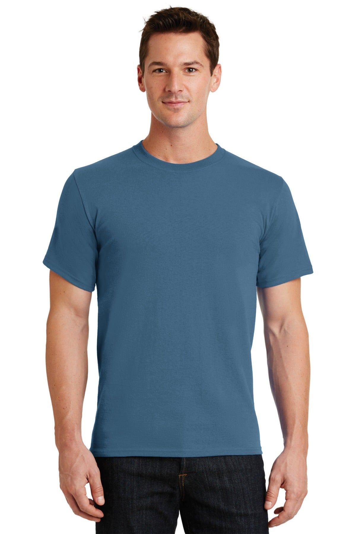 Front View of Colonial Blue Port & Co Essential Tee. PC61 plain