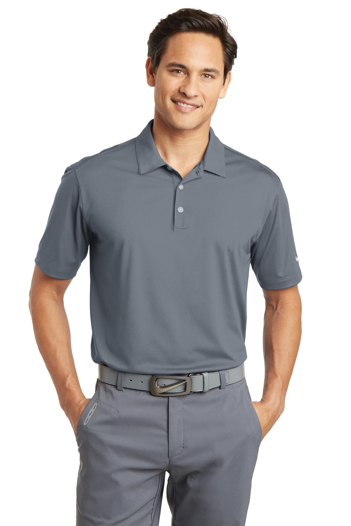 Front View of Cool Grey Nike Dri-FIT Vertical Mesh Polo. 637167 plain