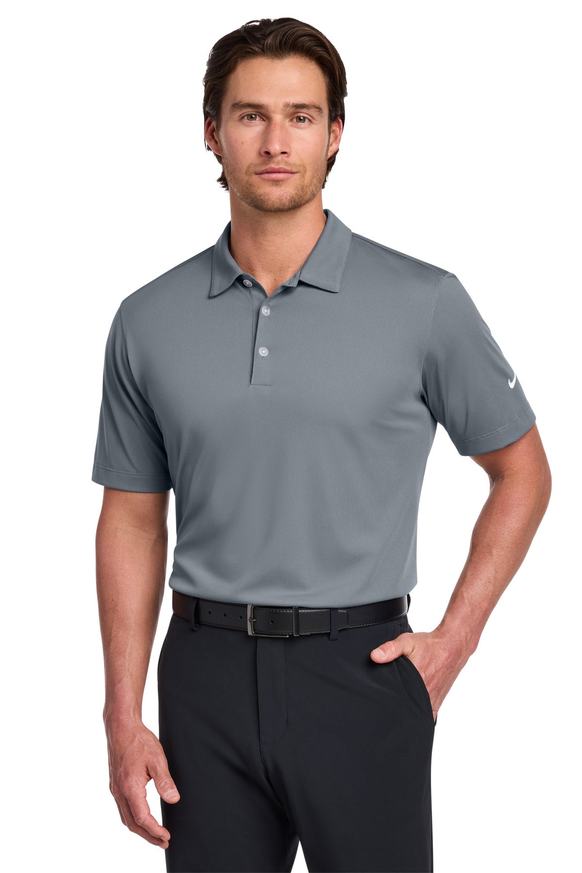 Front View of Cool Grey Nike Dri-FIT Vertical Mesh Polo. 637167 plain
