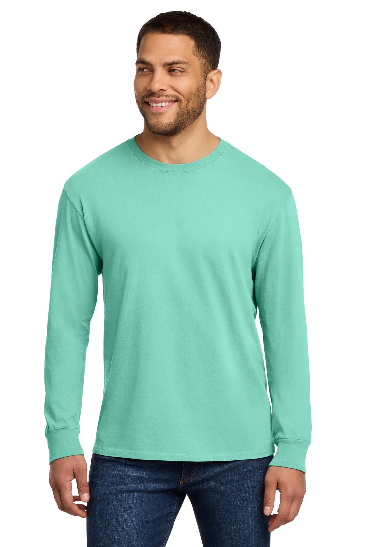 Front View of CoolMint Port & Co Beach Wash Garment-Dyed Long Sleeve Tee PC099LS plain