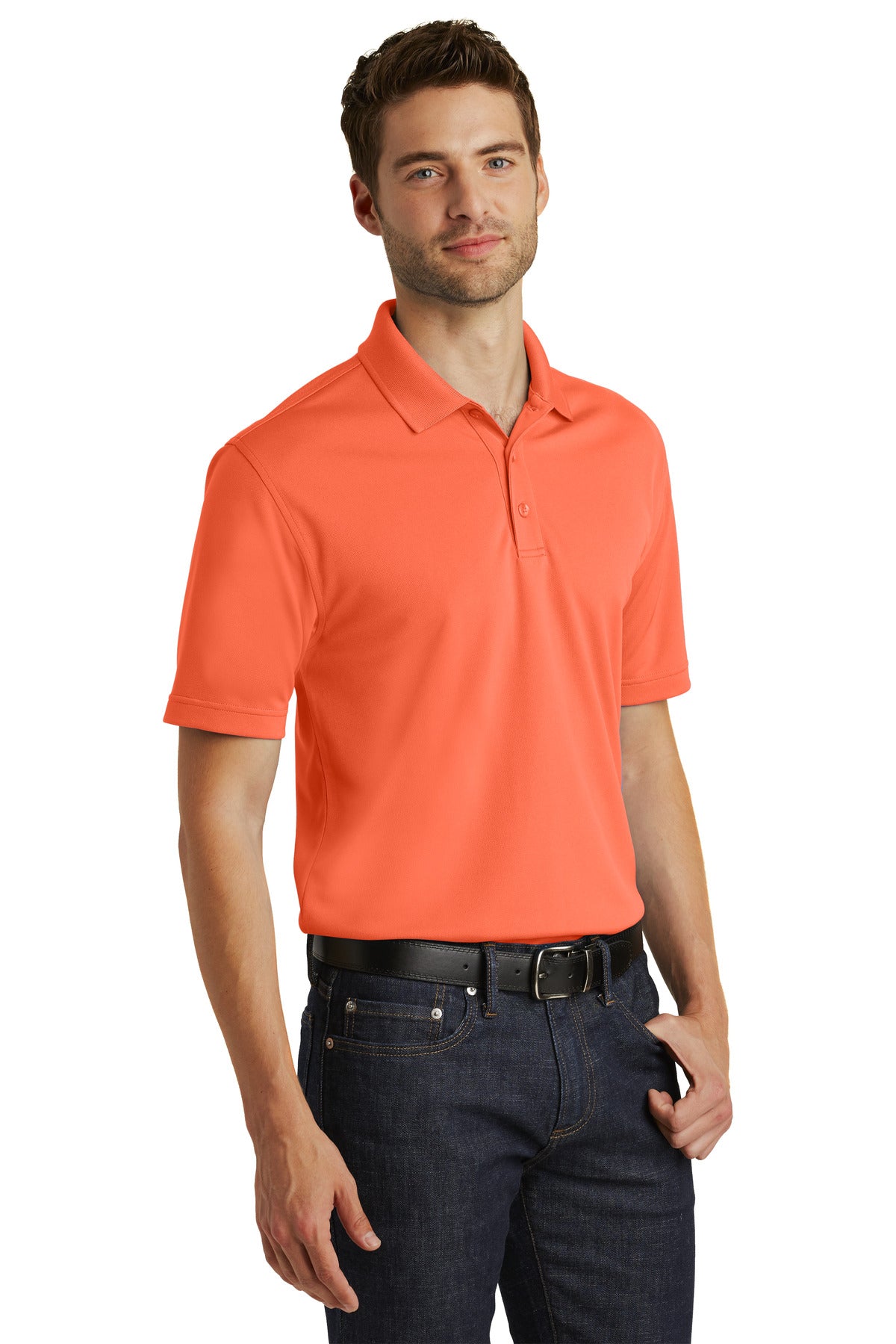Front View of Coral Splash Port Authority Dry Zone UV Micro-Mesh Polo. K110 plain
