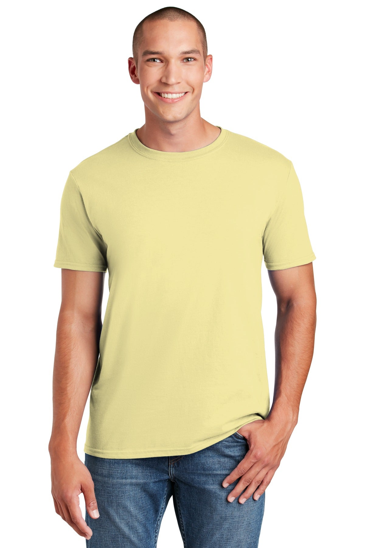 Front View of Corn Silk Gildan Softstyle T-Shirt. 64000 plain
