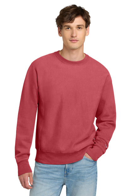 Front View of Crimson Champion Reverse Weave Garment-Dyed Crewneck Sweatshirt. GDS149 plain