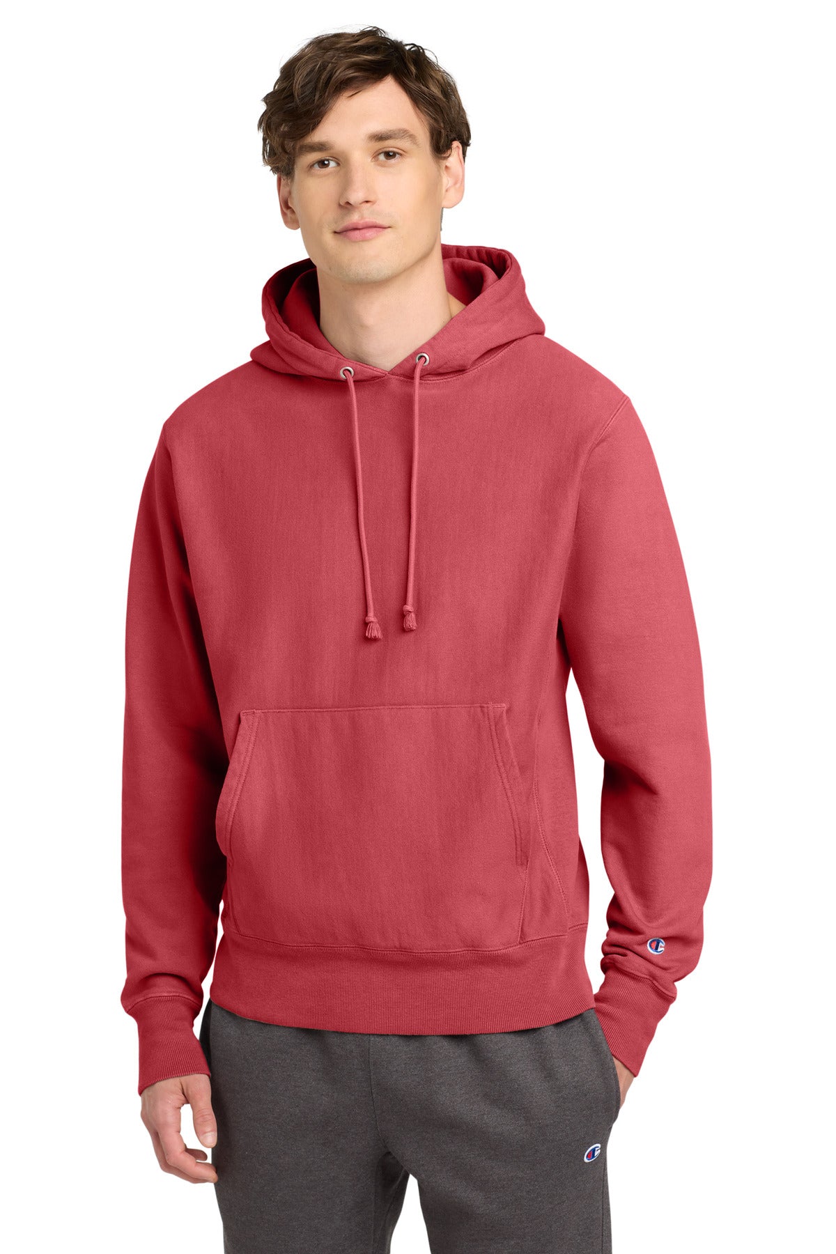 Front View of Crimson Champion Reverse Weave Garment-Dyed Hooded Sweatshirt. GDS101 plain