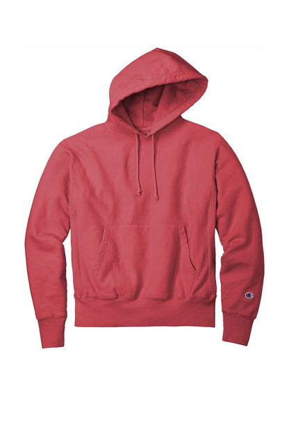 Front View of Crimson Champion Reverse Weave Garment-Dyed Hooded Sweatshirt. GDS101 plain