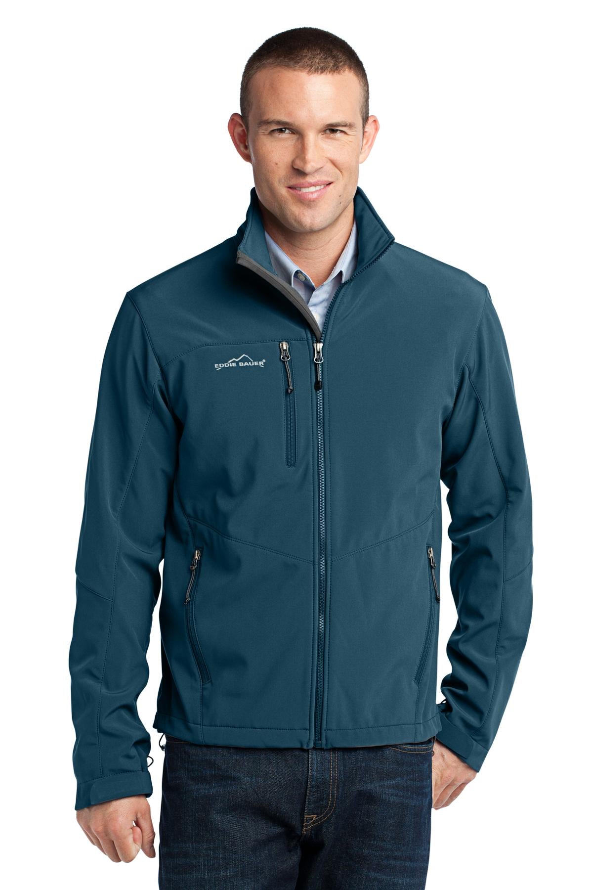 Front View of Dark Adriatic Eddie Bauer - Soft Shell Jacket. EB530 plain