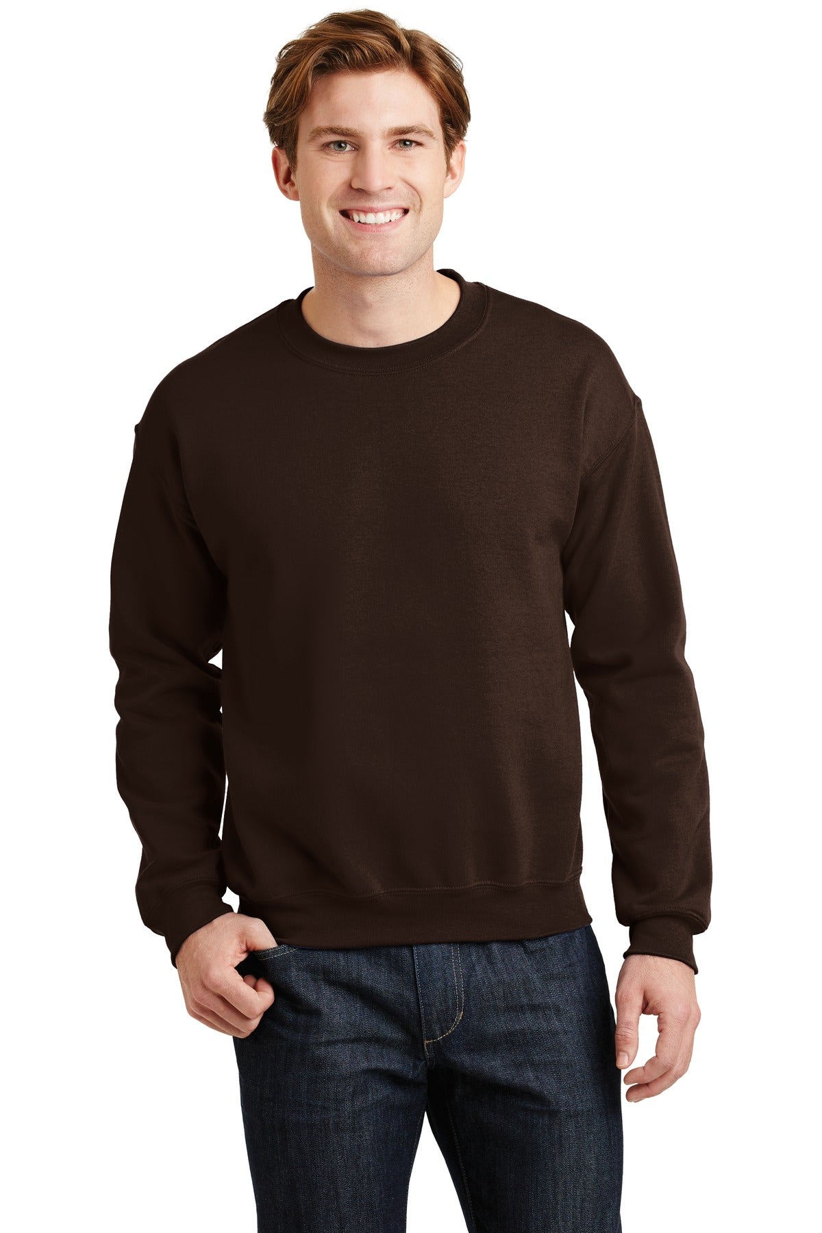 Front View of Dark Chocolate Gildan Heavy Blend Crewneck Sweatshirt. 18000 plain