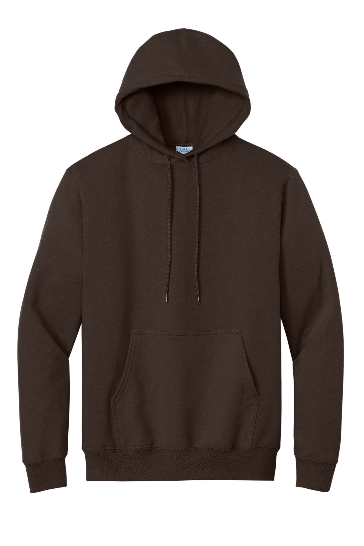 Front View of Dark Chocolate Port & Co Tall Essential Fleece Pullover Hooded Sweatshirt. PC90HT plain