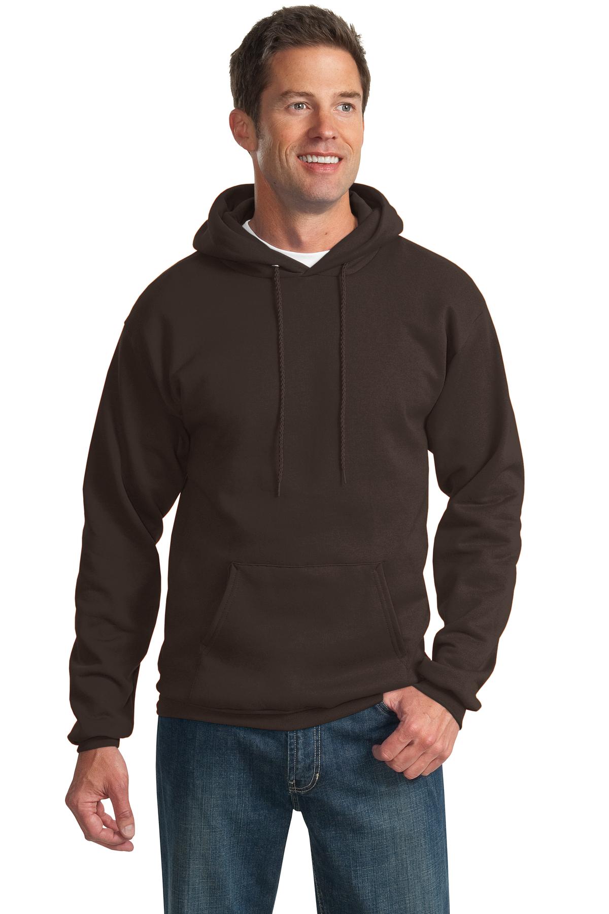 Front View of Dark Chocolate Port & Co Tall Essential Fleece Pullover Hooded Sweatshirt. PC90HT plain