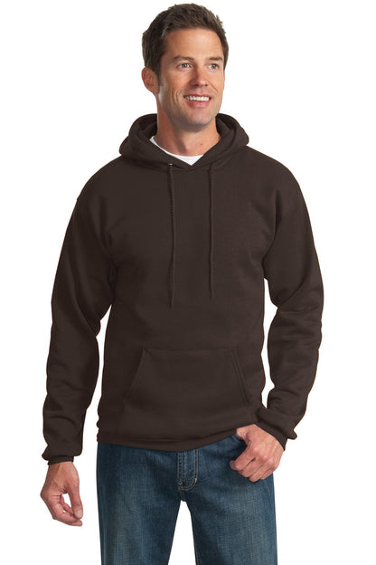Front View of Dark Chocolate Port & Co Tall Essential Fleece Pullover Hooded Sweatshirt. PC90HT plain