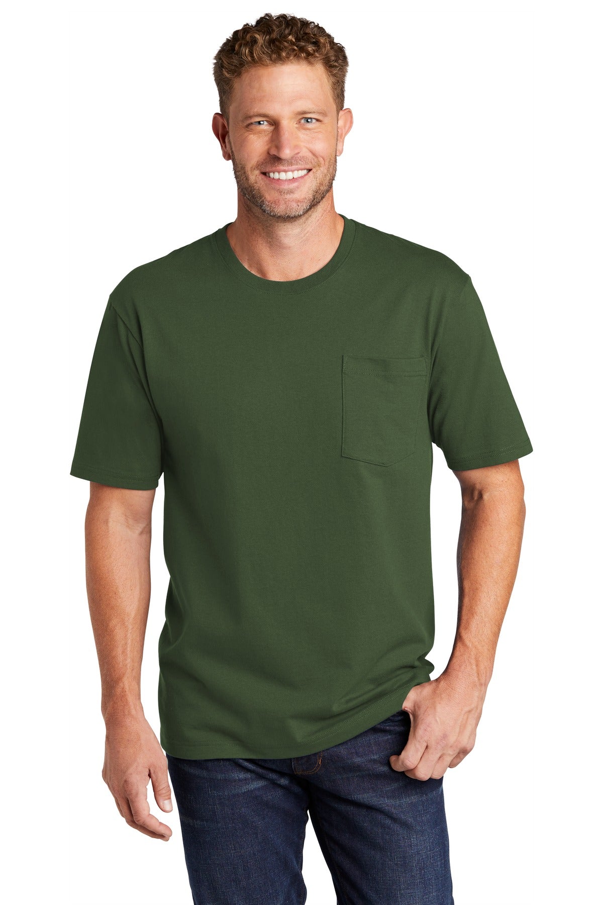 Front View of Dark Green CornerStone Workwear Pocket Tee CS430 plain