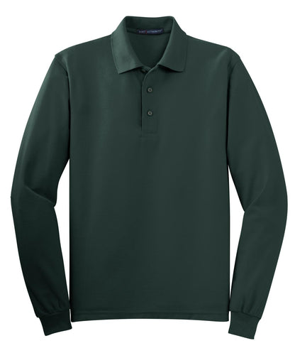 Front View of Dark Green Port Authority Silk Touch Long Sleeve Polo. K500LS plain