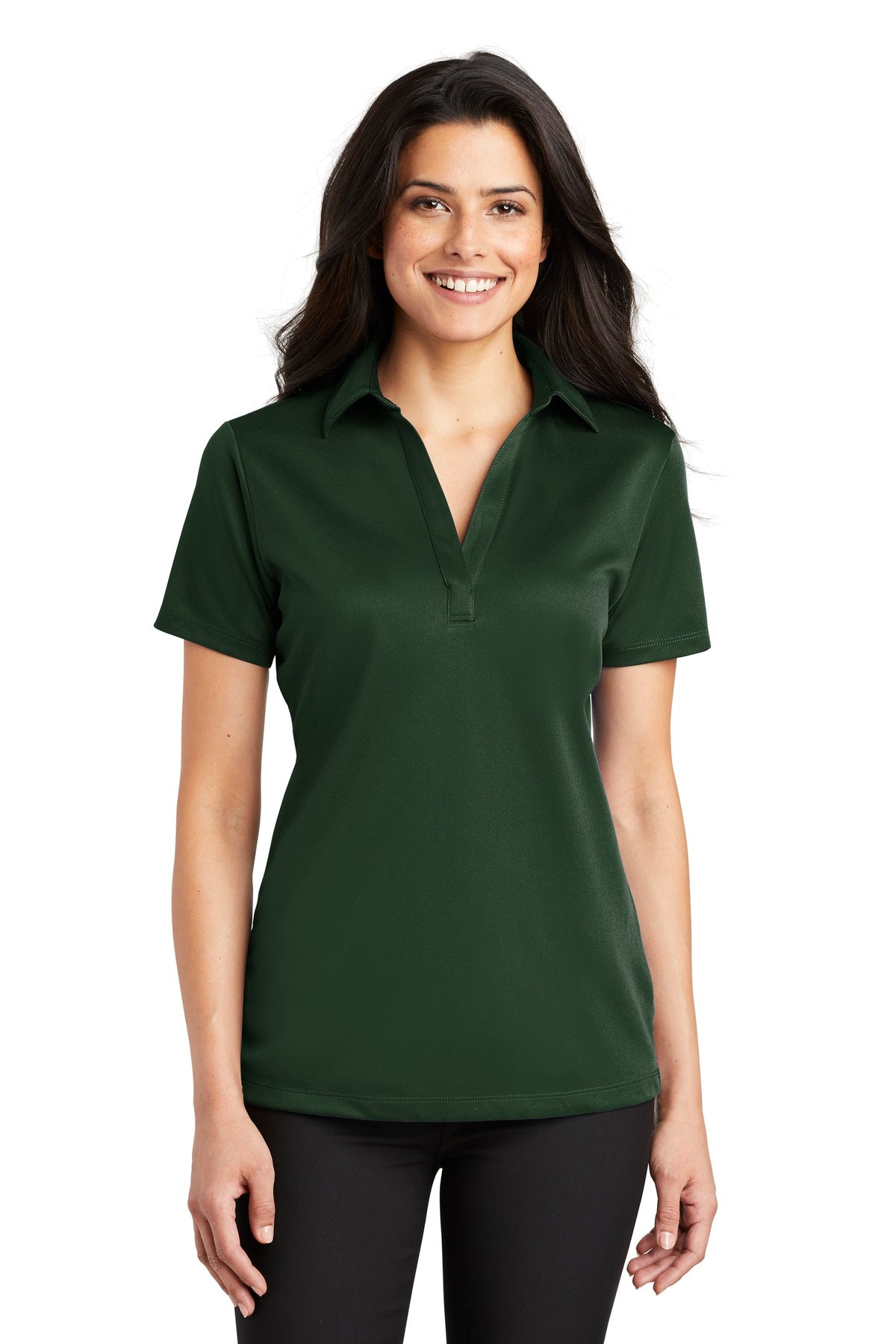 Front View of Dark Green Port Authority Women's Silk Touch Performance Polo. L540 plain