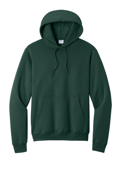 Front View of Dark Green Port & Co Core Fleece Pullover Hooded Sweatshirt. PC78H plain