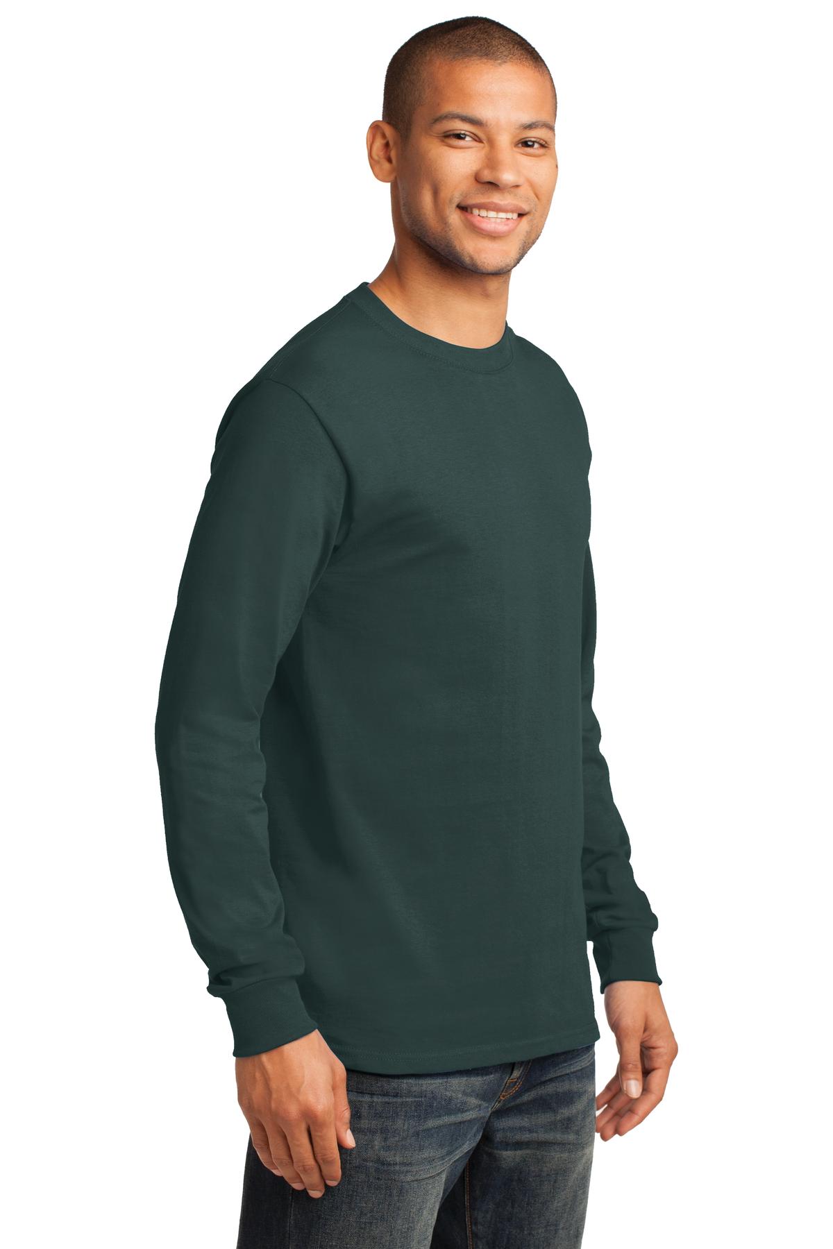 Front View of Dark Green Port & Co Long Sleeve Essential Tee. PC61LS plain