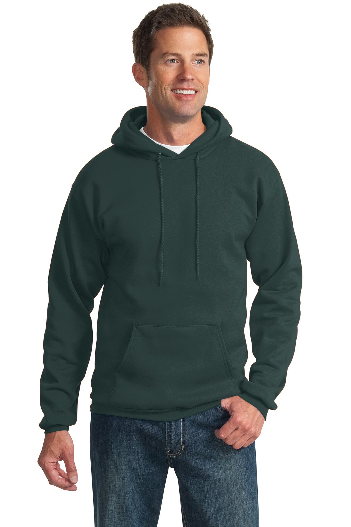 Front View of Dark Green Port & Co Tall Essential Fleece Pullover Hooded Sweatshirt. PC90HT plain