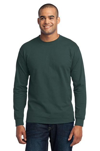 Front View of Dark Green Port & Co Tall Long Sleeve Core Blend Tee. PC55LST plain