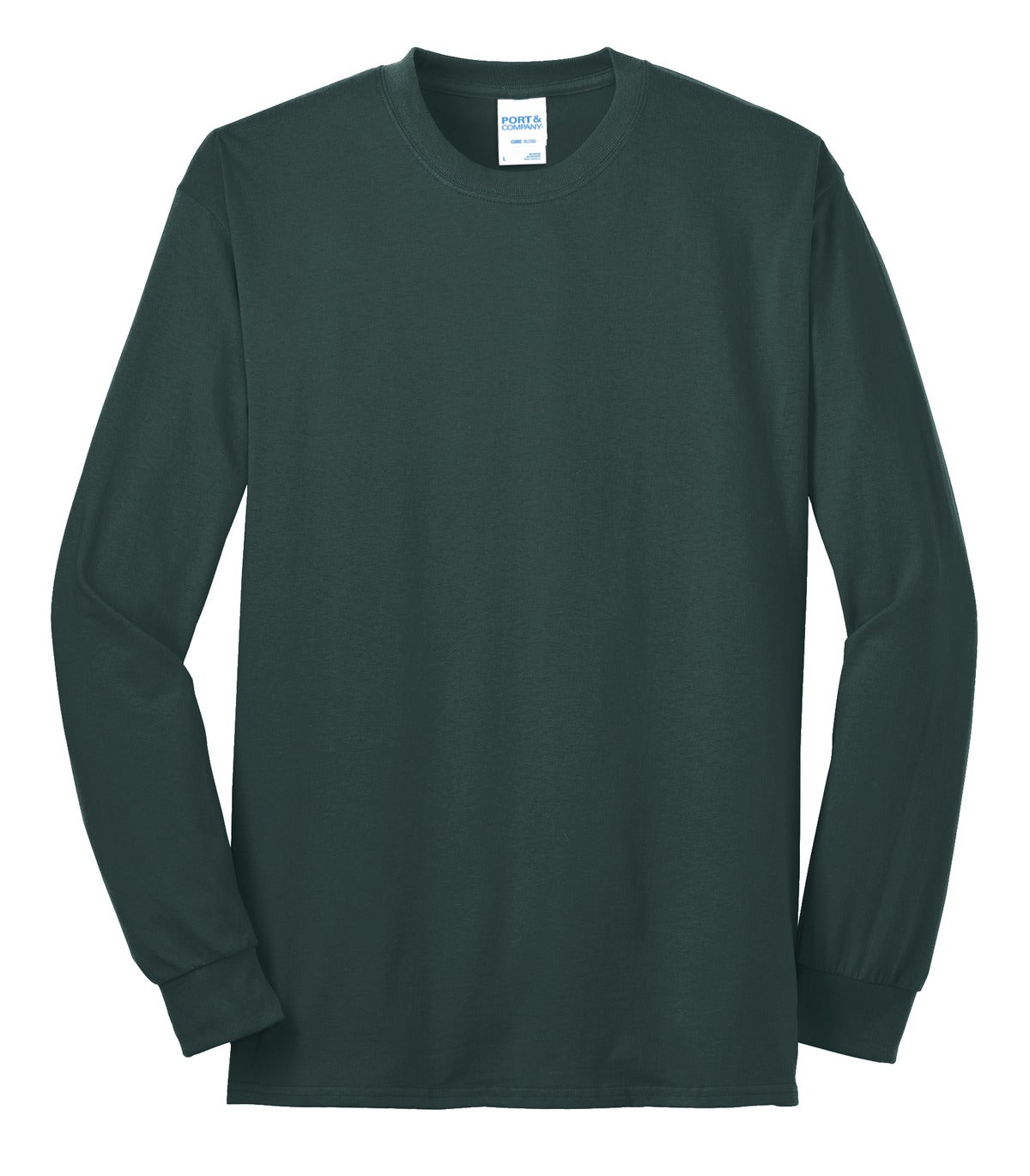 Front View of Dark Green Port & Co Tall Long Sleeve Core Blend Tee. PC55LST plain