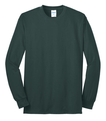 Front View of Dark Green Port & Co Tall Long Sleeve Core Blend Tee. PC55LST plain