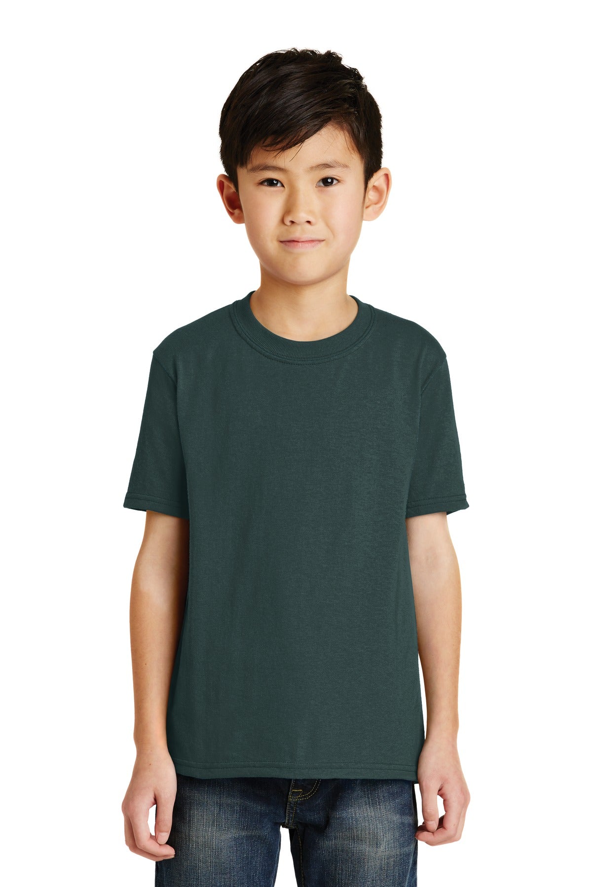 Front View of Dark Green Port & Co Youth Core Blend Tee. PC55Y plain