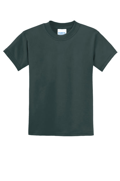 Front View of Dark Green Port & Co Youth Core Blend Tee. PC55Y plain