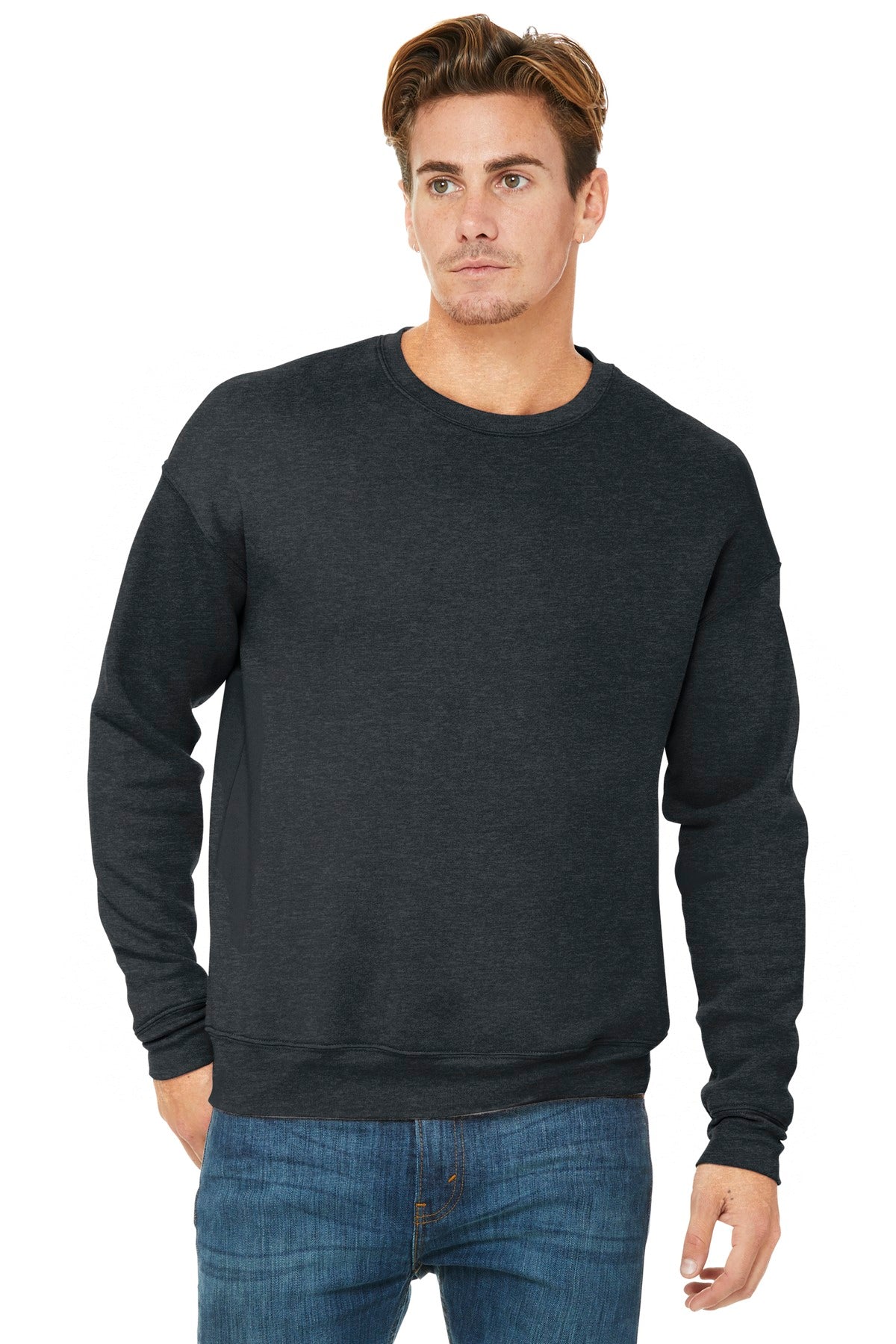 Front View of Dark Grey Ht BELLA+CANVAS Unisex Sponge Fleece Drop Shoulder Sweatshirt. BC3945 plain