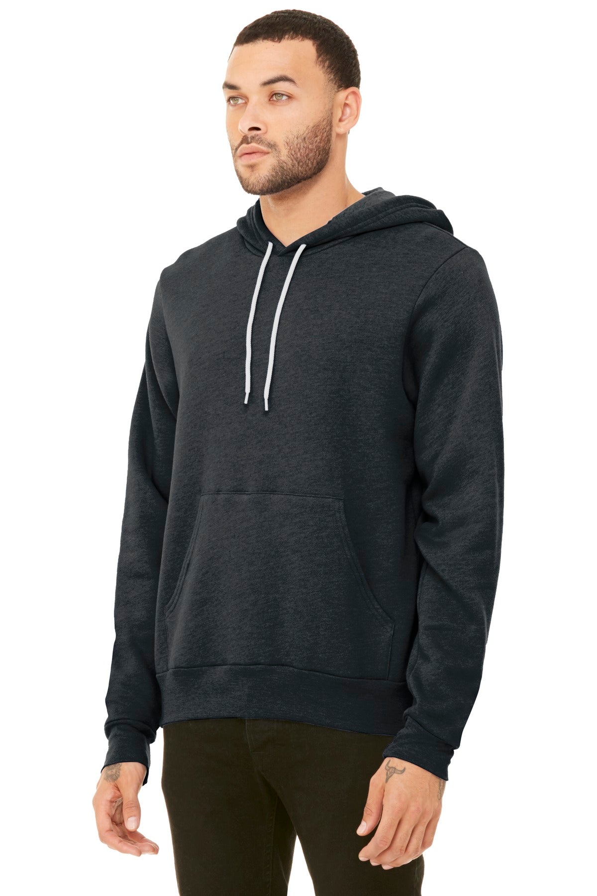 Front View of Dark Grey Ht BELLA+CANVAS Unisex Sponge Fleece Pullover Hoodie. BC3719 plain