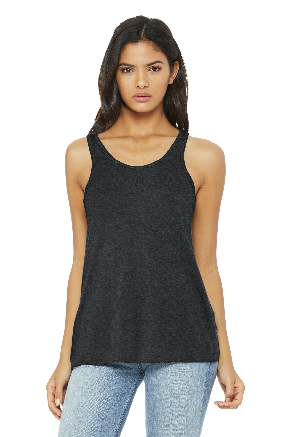Front View of Dark Grey Ht BELLA+CANVAS Women's Flowy Racerback Tank. BC8800 plain