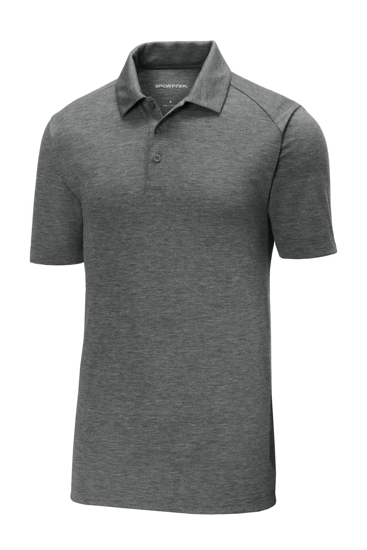 Front View of Dark Grey Hthr Sport-Tek PosiCharge Tri-Blend Wicking Polo. ST405 plain