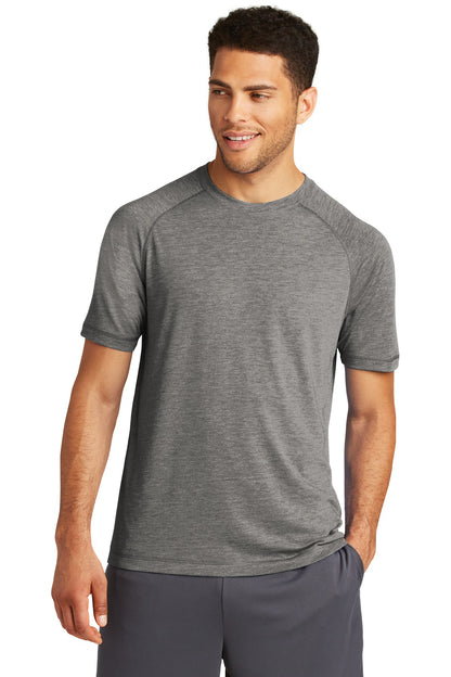 Front View of Dark Grey Hthr Sport-Tek PosiCharge Tri-Blend Wicking Raglan Tee. ST400 plain