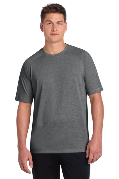 Front View of Dark Grey Hthr Sport-Tek PosiCharge Tri-Blend Wicking Raglan Tee. ST400 plain