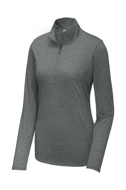 Front View of Dark Grey Hthr Sport-Tek Women's PosiCharge Tri-Blend Wicking 1/4-Zip Pullover. LST407 plain