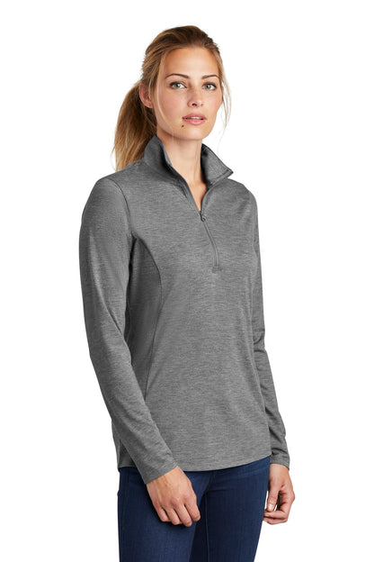 Front View of Dark Grey Hthr Sport-Tek Women's PosiCharge Tri-Blend Wicking 1/4-Zip Pullover. LST407 plain