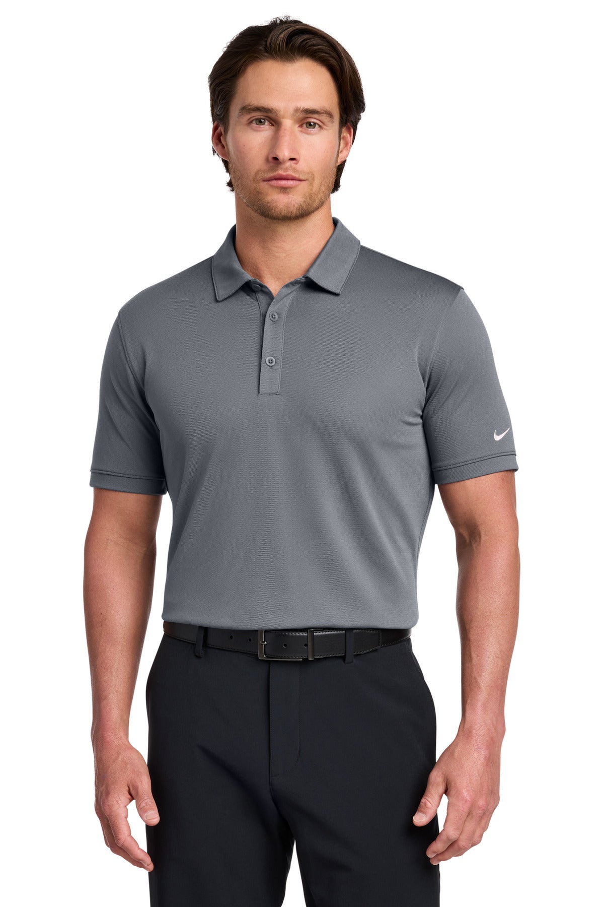 Front View of Dark Grey Nike Dri-FIT Solid Icon Pique Modern Fit Polo. 746099 plain
