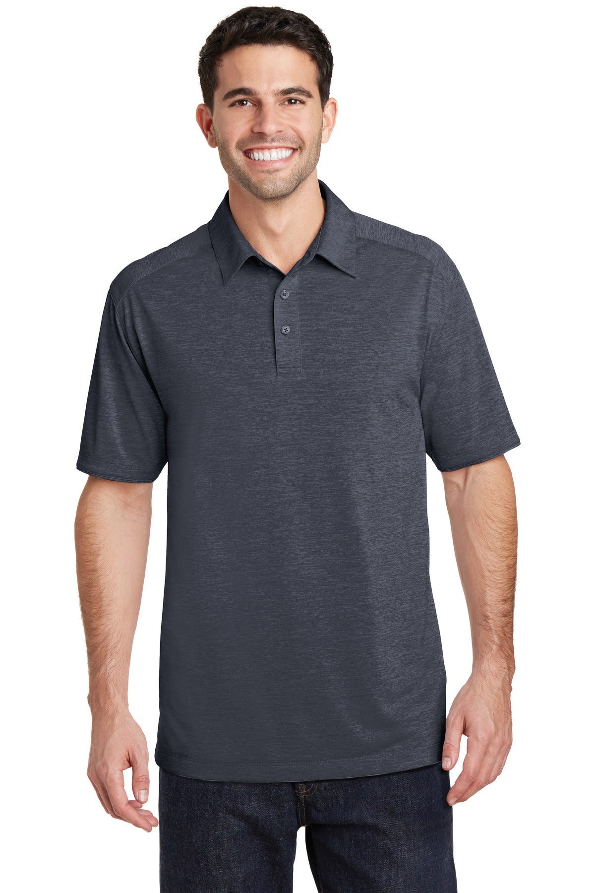 Front View of Dark Grey Port Authority Digi Heather Performance Polo. K574 plain