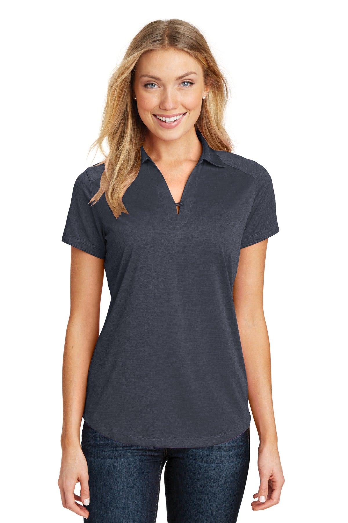 Front View of Dark Grey Port Authority Women's Digi Heather Performance Polo. L574 plain