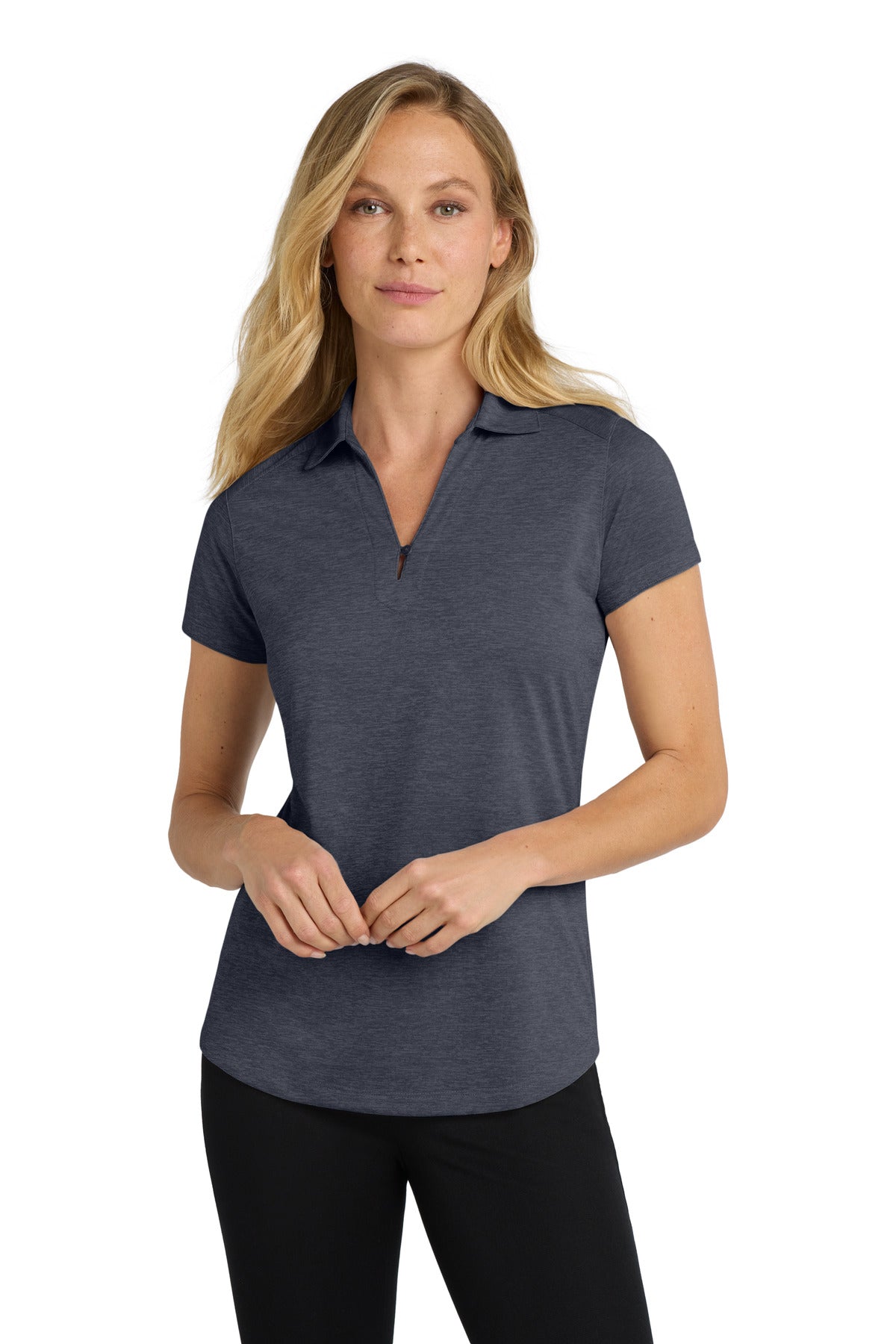 Front View of Dark Grey Port Authority Women's Digi Heather Performance Polo. L574 plain