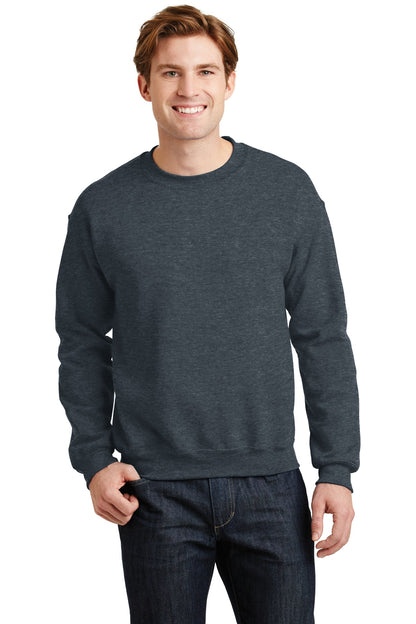 Front View of Dark Heather Gildan Heavy Blend Crewneck Sweatshirt. 18000 plain