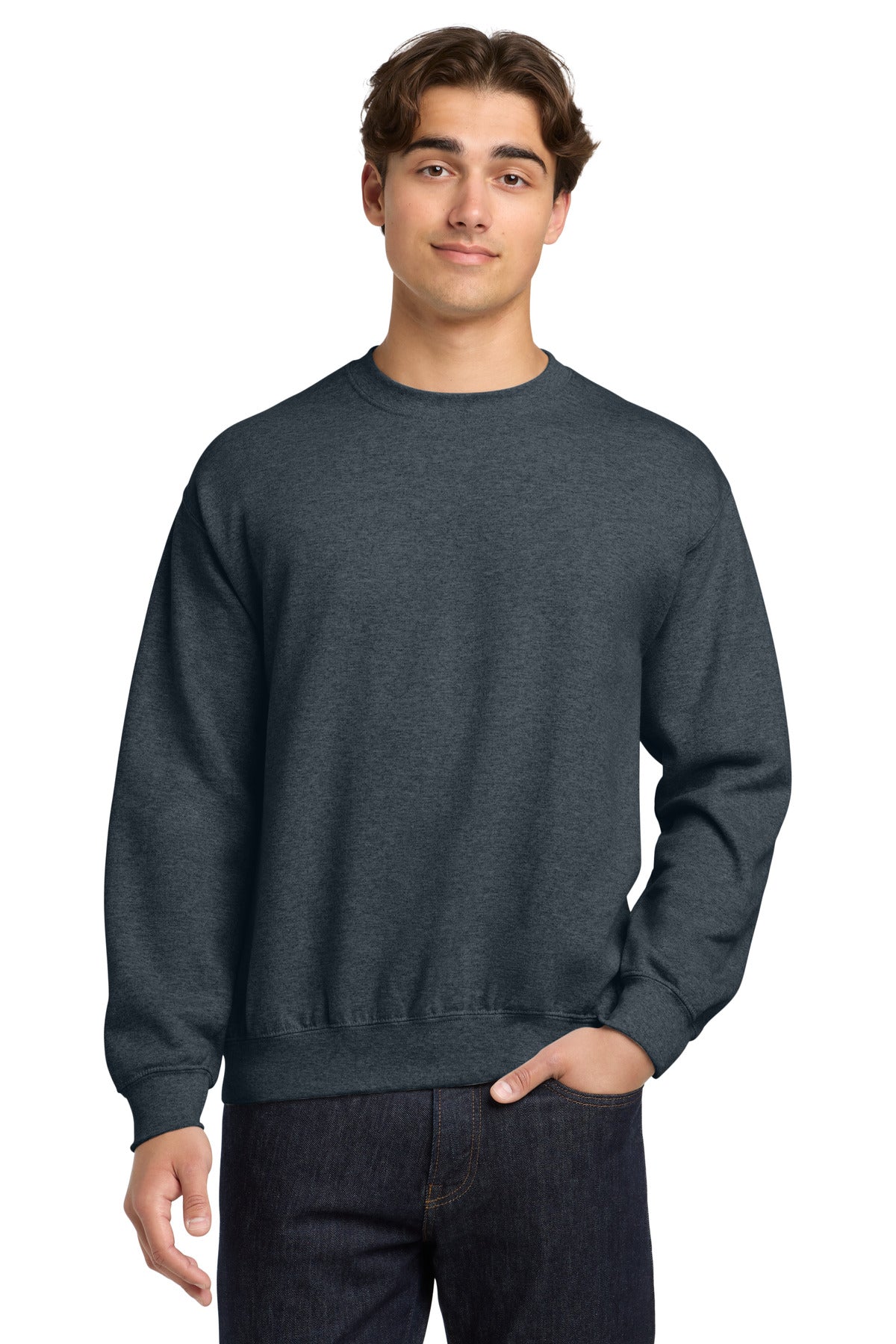 Front View of Dark Heather Gildan Heavy Blend Crewneck Sweatshirt. 18000 plain