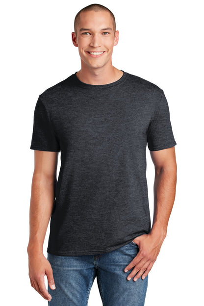 Front View of Dark Heather Gildan Softstyle T-Shirt. 64000 plain