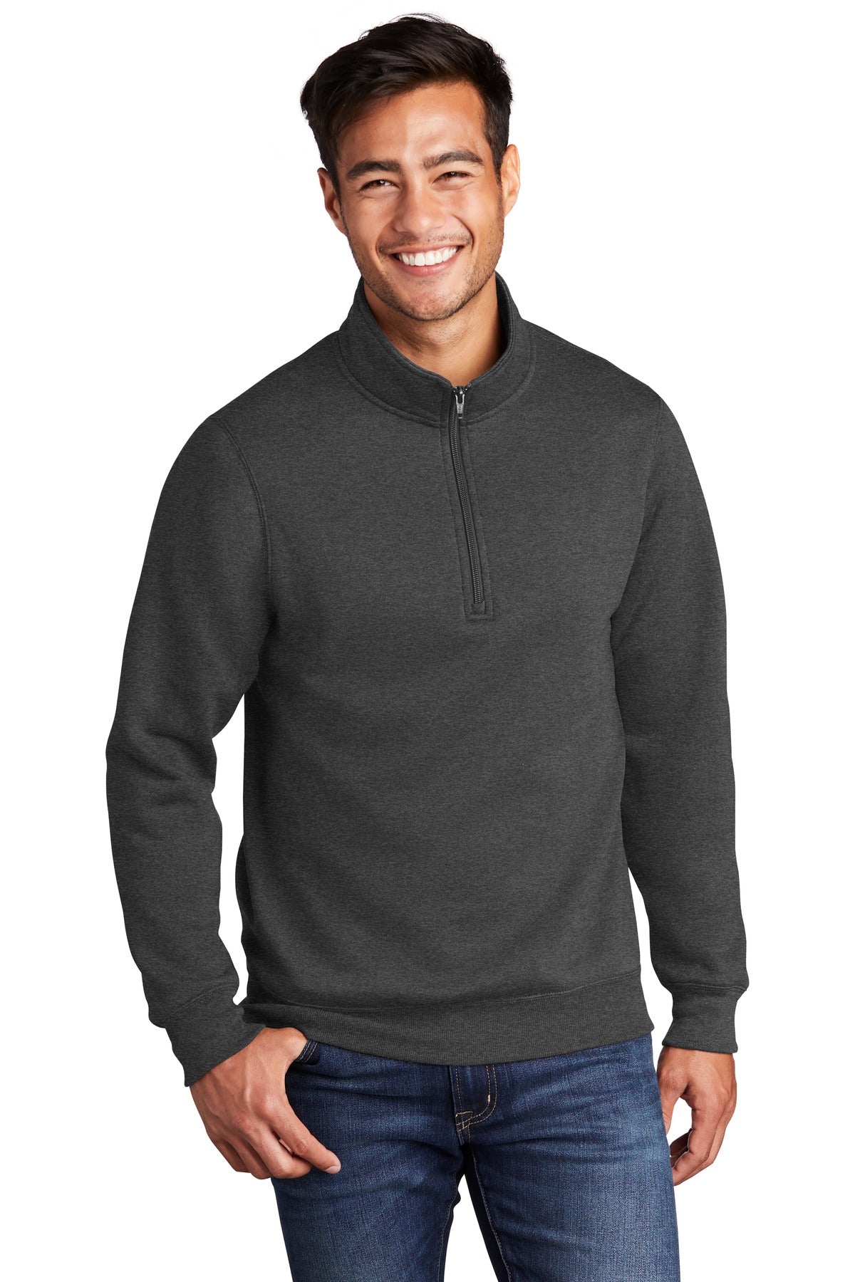 Front View of Dark Hthr Grey Port & Co Core Fleece 1/4-Zip Pullover Sweatshirt PC78Q