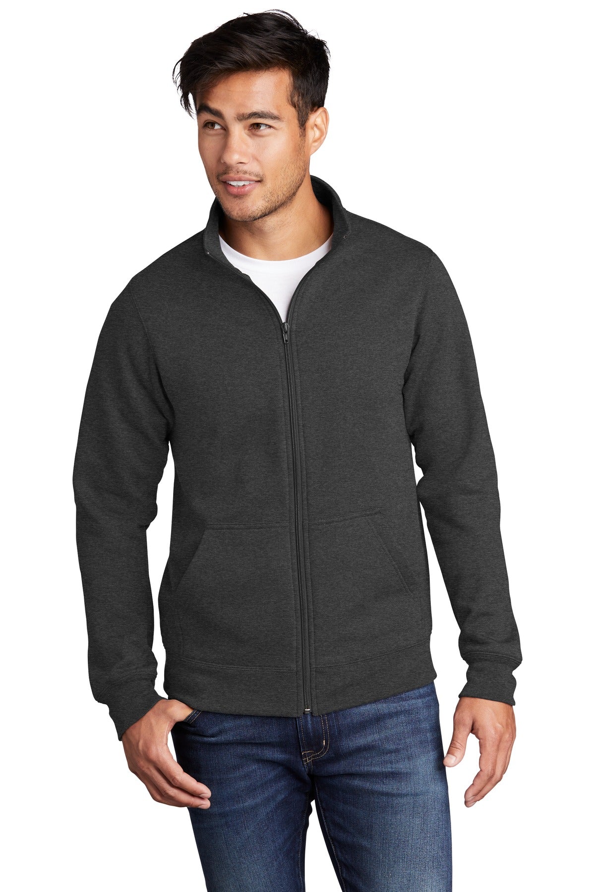 Front View of Dark Hthr Grey Port & Co Core Fleece Cadet Full-Zip Sweatshirt PC78FZ plain