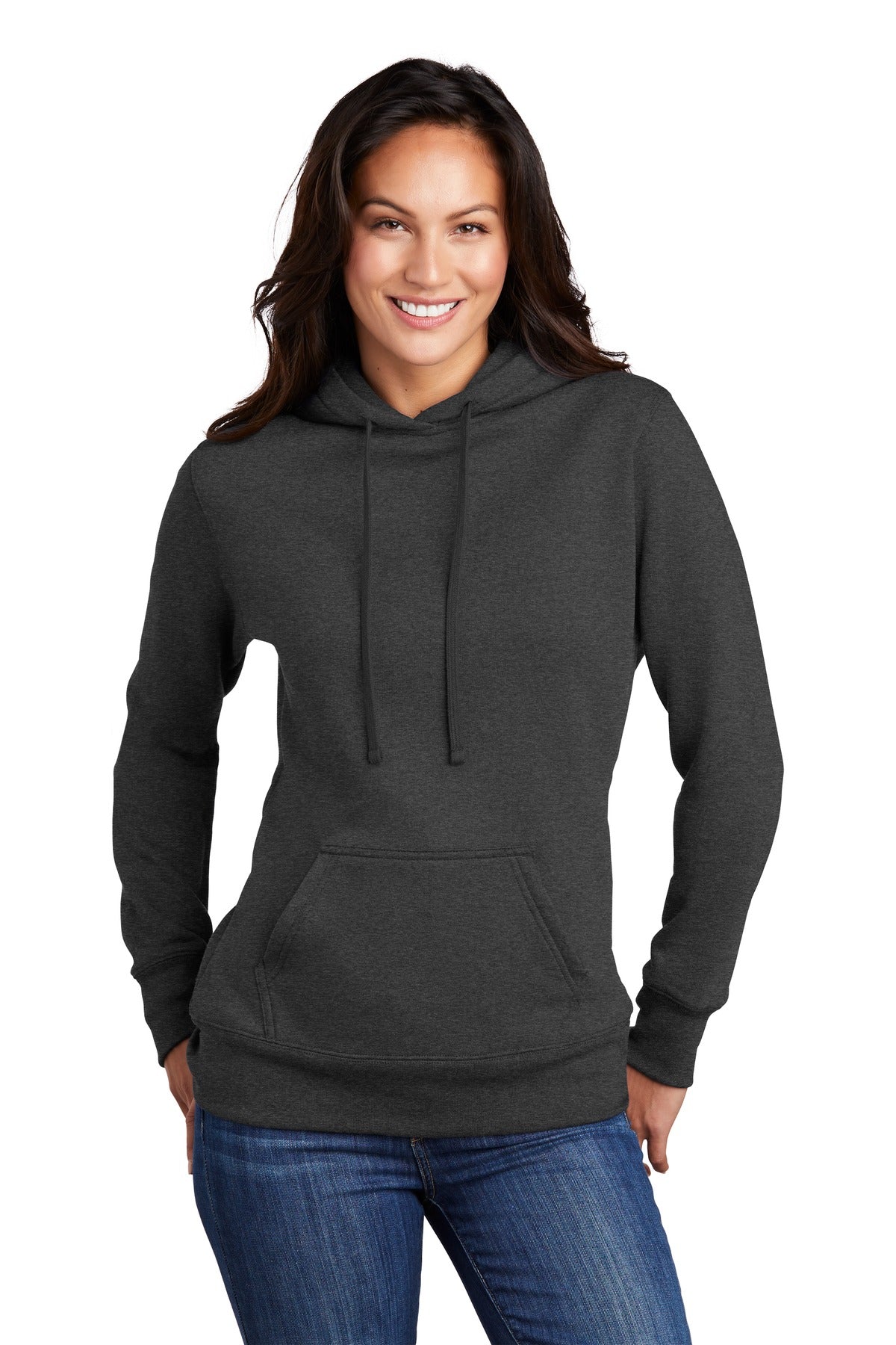 Front View of Dark Hthr Grey Port & Co Women's Core Fleece Pullover Hooded Sweatshirt LPC78H plain