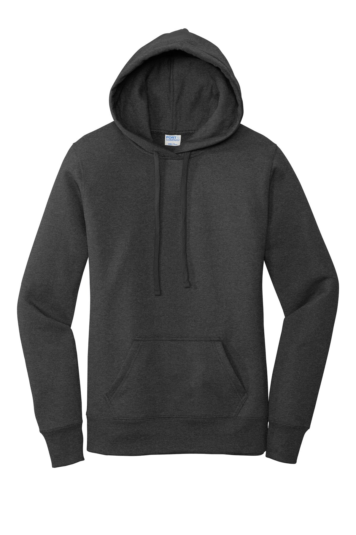 Front View of Dark Hthr Grey Port & Co Women's Core Fleece Pullover Hooded Sweatshirt LPC78H plain