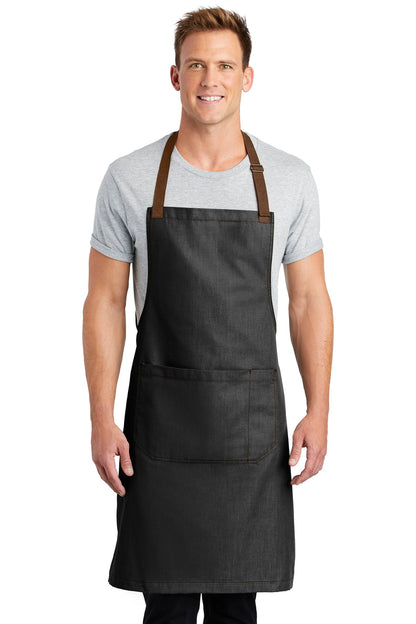 Front View of Dark Midnight Port Authority Market Full-Length Bib Apron. A800 plain