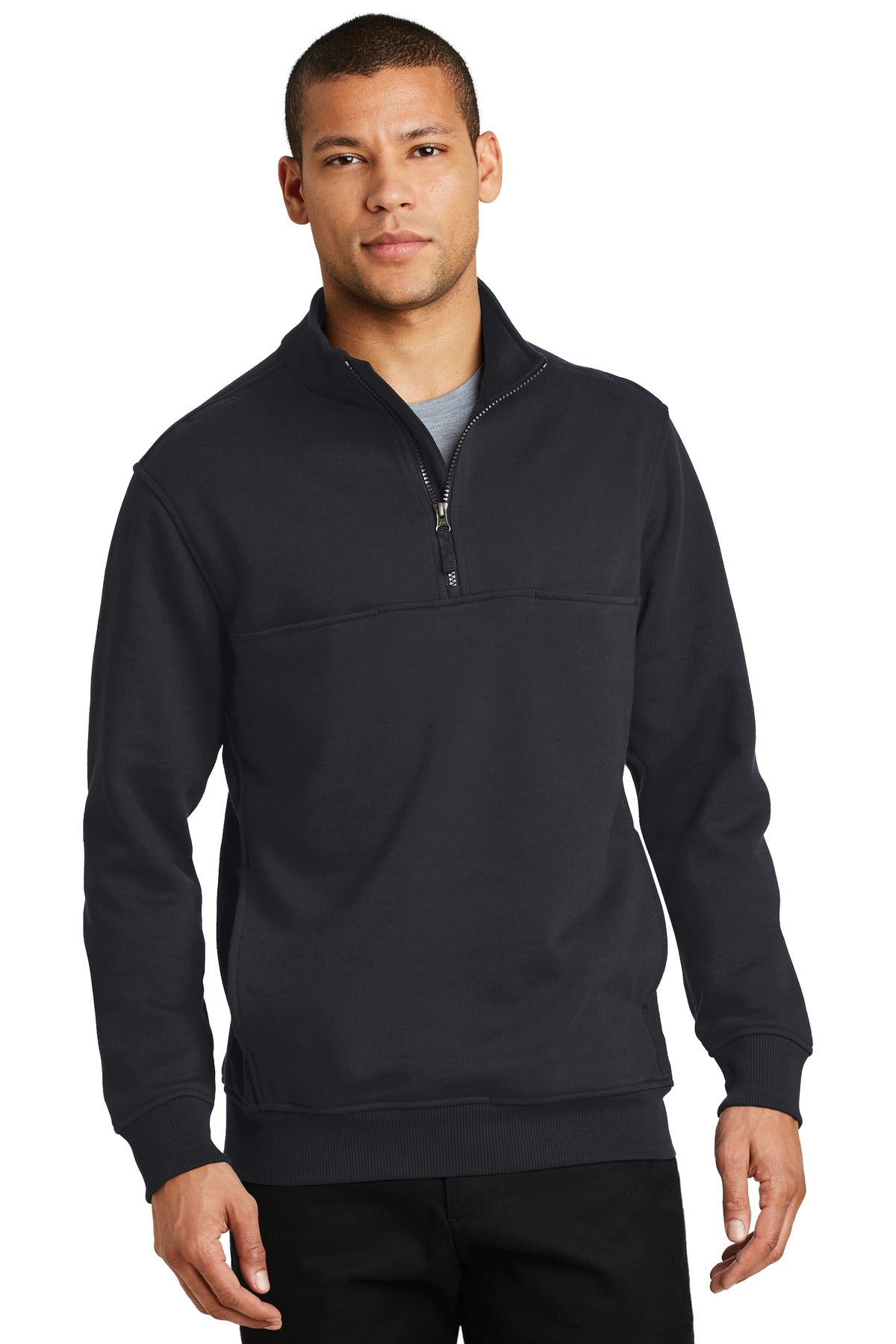 Front View of Dark Navy CornerStone 1/2-Zip Job Shirt. CS626 plain