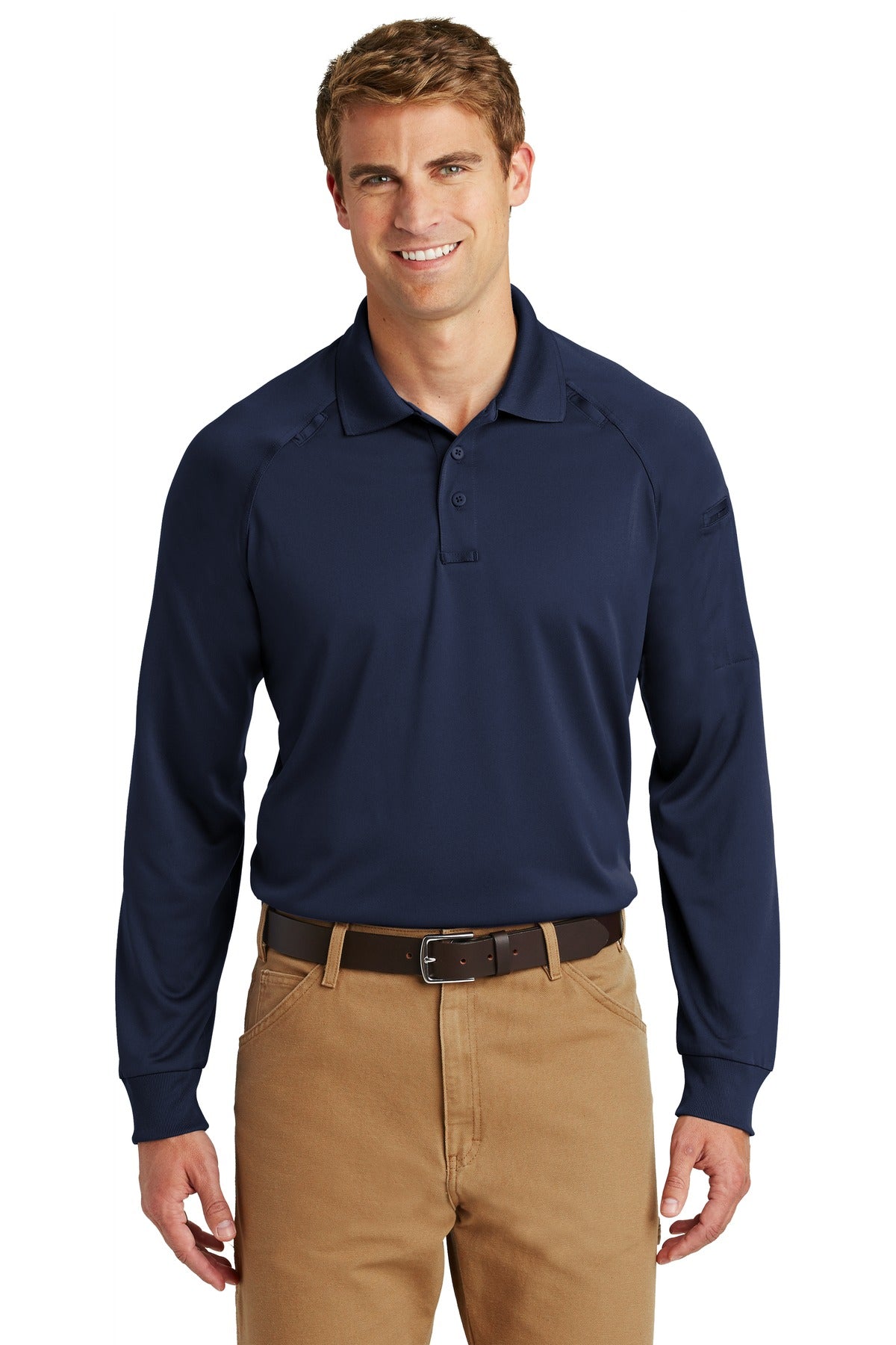 Front View of Dark Navy CornerStone - Select Long Sleeve Snag-Proof Tactical Polo. CS410LS plain